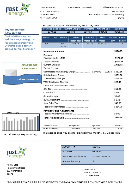 Germany Just Energy business utility bill template in Word and PDF formats
